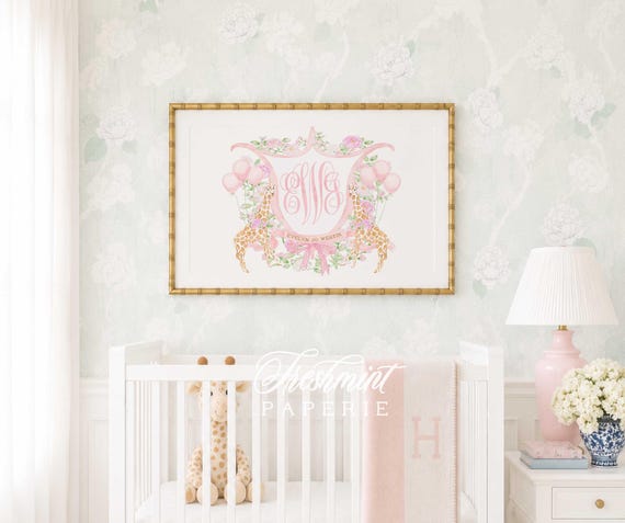 Watercolor Giraffe Nursery Crest Print, Custom Name Monogram
