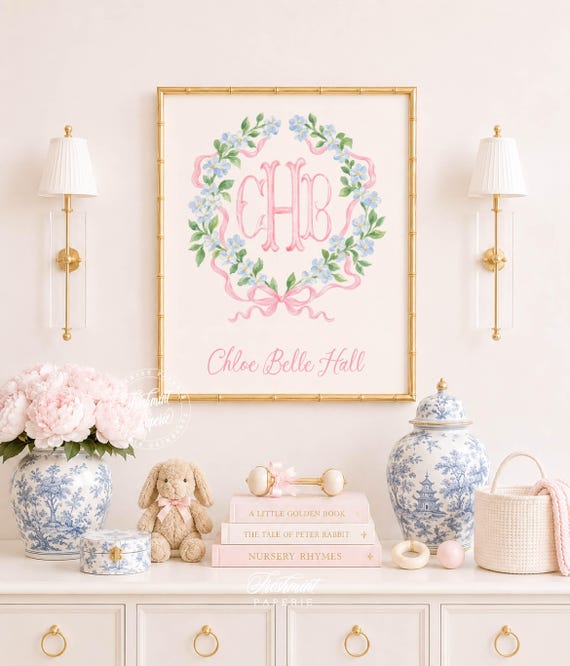 Watercolor Floral Monogram Nursery Print, Custom Baby Name Wall Art