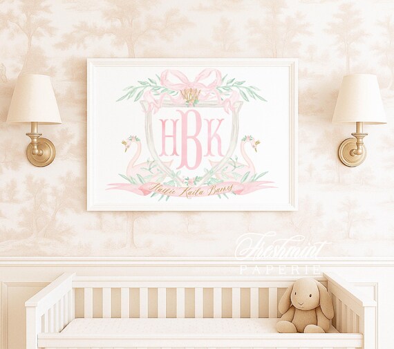 Swan wall art, Floral Swan Wall Art, Nursery name print, Pink Swan Art Print, Monogram nursery art