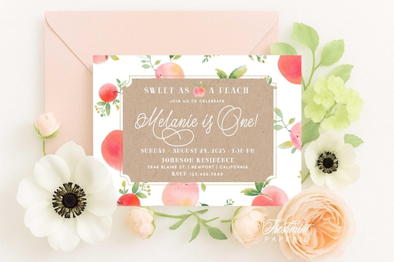 Peach invitation, sweet as a peach Invitation, summer peach Invitation,  peach Invitation, Grandmillennial invitation, Peaches