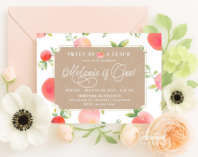 Peach invitation, sweet as a peach Invitation, summer peach Invitation,  peach Invitation, Grandmillennial invitation, Peaches