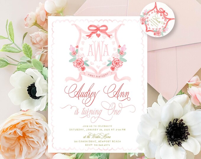 Valentines Birthday Invitation, Hearts Crest, Monogram