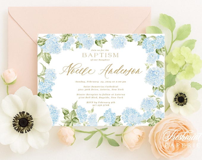 Hydrangea Baptism Invitation: Custom Floral Christening Invite