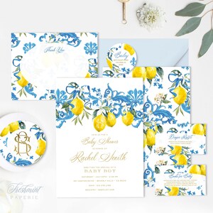 May include: A baby shower invitation suite with a lemon and blue floral design. The invitation features the text "Join us for a Baby Shower in honor of Rachel Smith Awaiting the arrival of a Baby Boy".