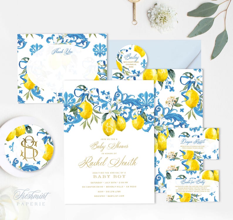 May include: A baby shower invitation suite with a lemon and blue floral design. The invitation features the text "Join us for a Baby Shower in honor of Rachel Smith Awaiting the arrival of a Baby Boy".