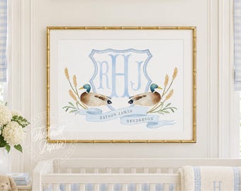 Mallard Duck Monogram Nursery Wall Art Print, Baby Boy, Crest