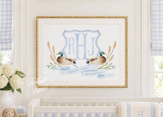 Mallard Duck Monogram Nursery Wall Art Print, Baby Boy, Crest