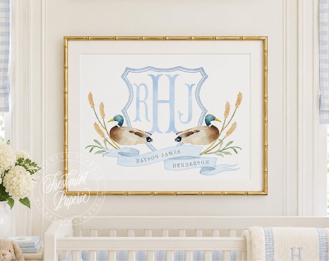 Mallard Duck Monogram Nursery Wall Art Print, Baby Boy, Crest