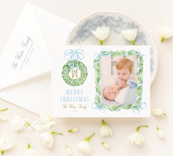 Blue Floral Photo Holiday Cards: Monogram Wreath Design