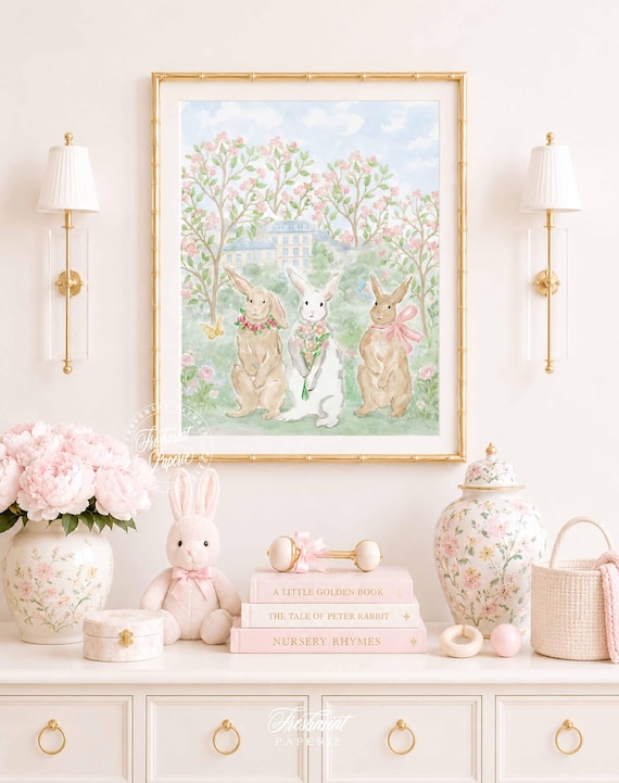Bunny Nursery wall art, Watercolor, Grandmillennial, Floral, Cherry Blossom, French Chateau