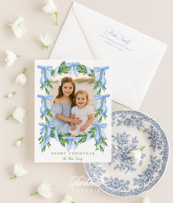 Blue Bow Photo Holiday Cards: Blue Ribbon Wreath Design