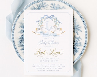 Rocking Horse Baby Shower Invitation, Monogram Crest, Baby Boy, Watercolor, Blue Bow