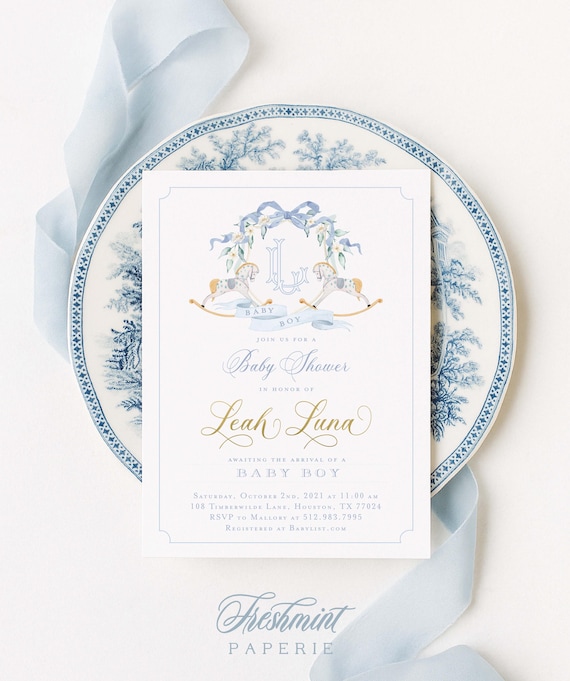Rocking Horse Baby Shower Invitation, Monogram Crest, Baby Boy, Watercolor, Blue Bow