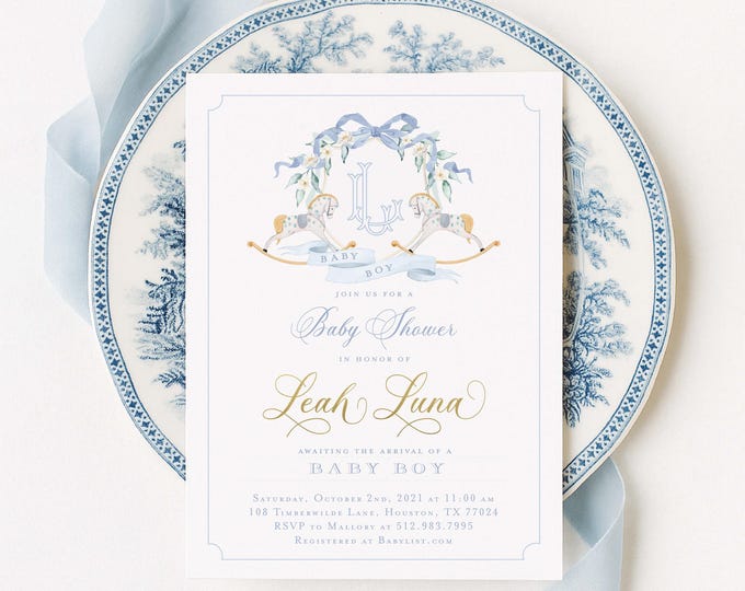 Rocking Horse Baby Shower Invitation, Monogram Crest, Baby Boy, Watercolor, Blue Bow