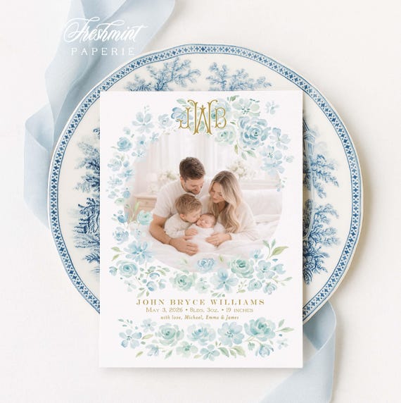 Baby Boy Birth Announcement, Watercolor, Monogram, Blue Floral