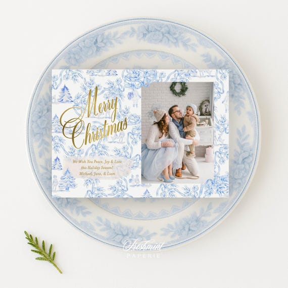 Chinoiserie Photo Christmas Cards: Blue Ribbon Holiday Design