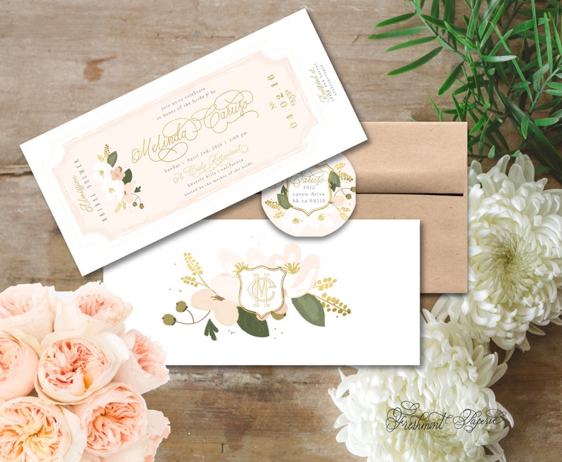 bridal shower invitation ticket invitation vintage flowers Invitation calligraphy Printable invitations freshmint paperie