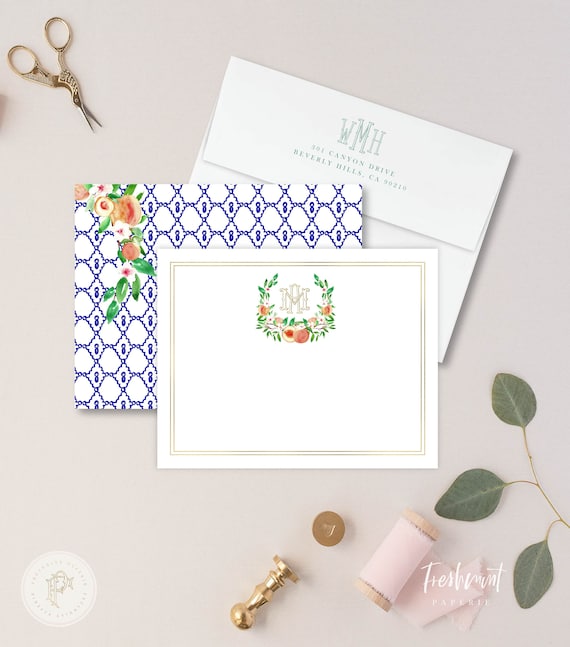 Personalized Stationery - Monogram Note Cards - Peach Note Cards - Stationery Suite -  Peach Floral Watercolor - Set 18