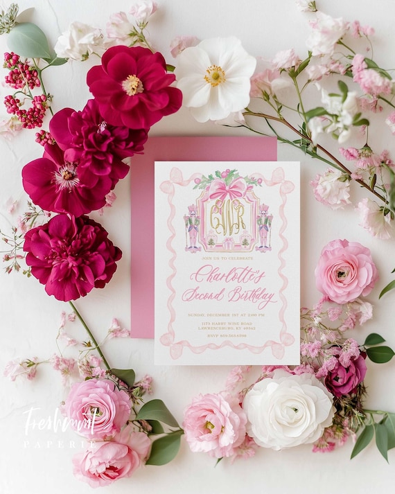 Pink Nutcracker Birthday Invitation, Christmas Birthday Invitation, Nutcracker, Pink bow invitation, Pink Bow, Nutcracker