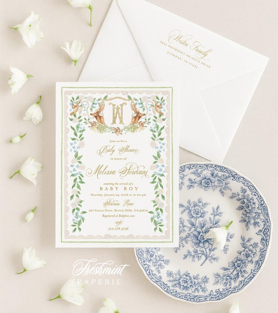 Mallard Duck invitation, Deer invitation, Hunting Baby Shower, Heirloom Crest, Monogram