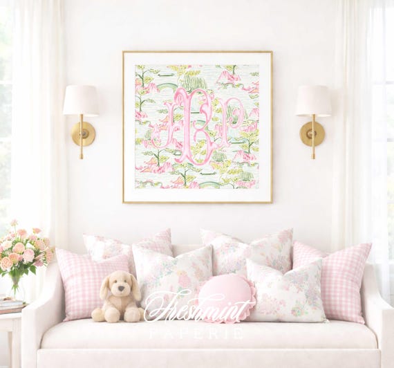 Monogram Wall Art, Chinoiserie, Mahjong, Grandmillennial, Watercolor