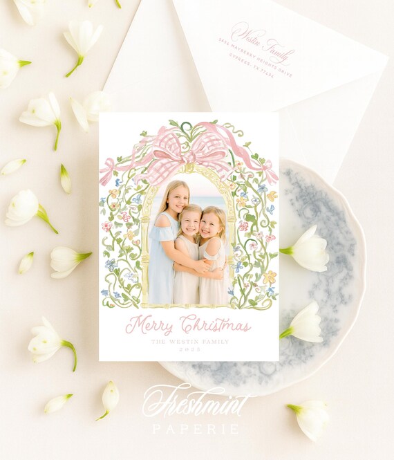 Watercolor Christmas Photo Cards: Gingham Floral Holiday Card