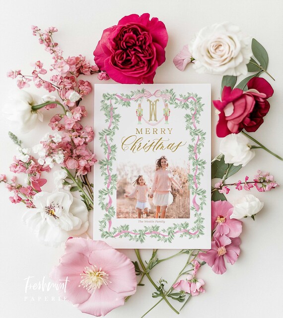 Pink Nutcracker Holiday Cards, Christmas card, Photo Christmas cards, Photo holiday cards, Holiday Cards, Monogram, Wreath, Nutcracker