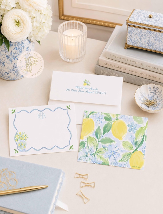 Personalized Stationery, Monogram Note Cards, Lemon Chinoiserie, Stationery Suite, Ginger Jar