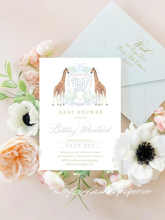 Giraffe Baby Shower Invitation – Baby Boy Safari - Monogram - Crest