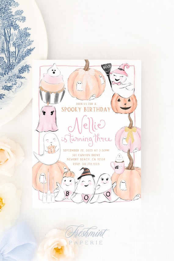 Cute Halloween Invitation, Spooky Birthday Invitation, Pink Pumpkin Invitation, Ghost Invitation, Pink Halloween invitation