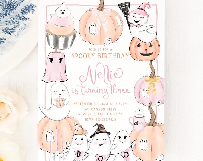 Ghost Pumpkin Birthday Invitation, Pink Halloween Party