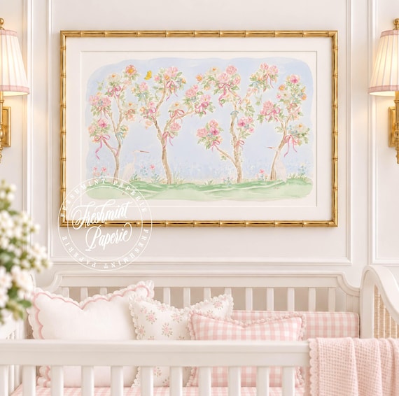 Chinoiserie Tree wall art, Pink Bows, Watercolor, Grandmillennial, Floral, Cherry Blossom