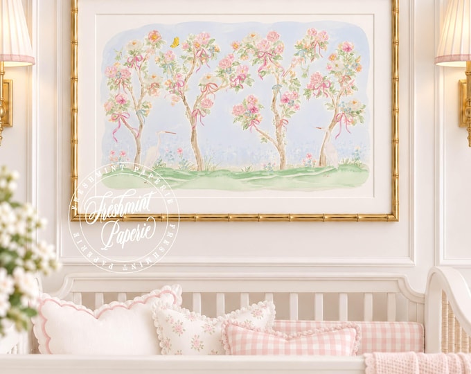 Chinoiserie Tree wall art, Pink Bows, Watercolor, Grandmillennial, Floral, Cherry Blossom