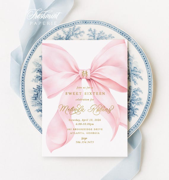 Sweet Sixteen Invitation, Pink Bow, Monogram, Watercolor, Cherry Blossom, 16
