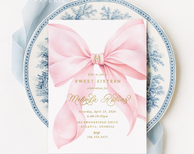 Sweet Sixteen Invitation, Pink Bow, Monogram, Watercolor, Cherry Blossom, 16