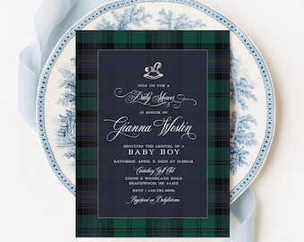 Classic Plaid Baby Shower Invitation: Equestrian Rocking Horse Design