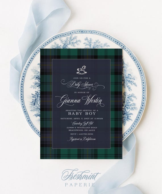 Classic Plaid Baby Shower Invitation: Equestrian Rocking Horse Design