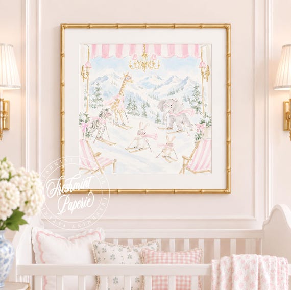 Nursery Wall Art, Animal art, Snow Bunnies, Skiing, Chalet, Aspen, Grandmillennial, Chinoiserie