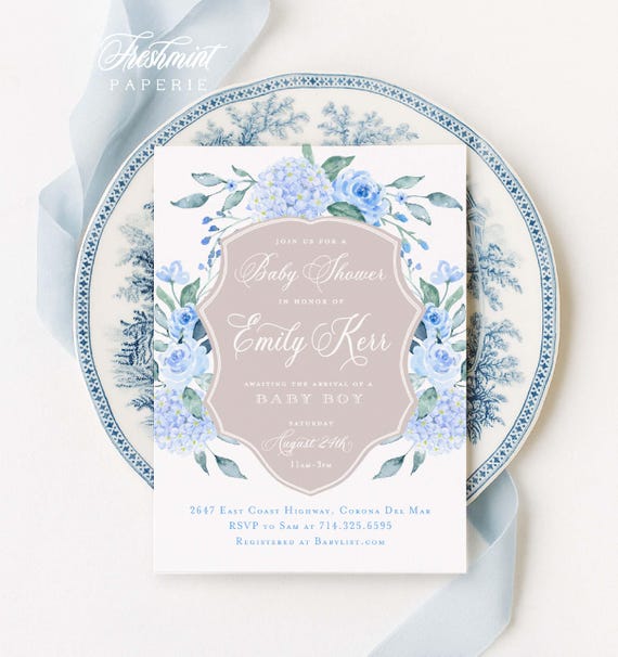 Blue Hydrangea Baby Shower Invitation, Monogram