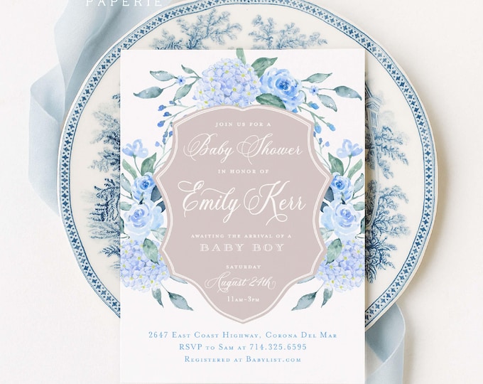 Blue Hydrangea Baby Shower Invitation, Monogram