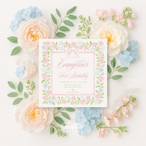 Watercolor Floral Birthday Invitation for Girls | Pastel Pink and Blue Baby Birthday Invite | Printable Invite | Garden | Grandmillennial