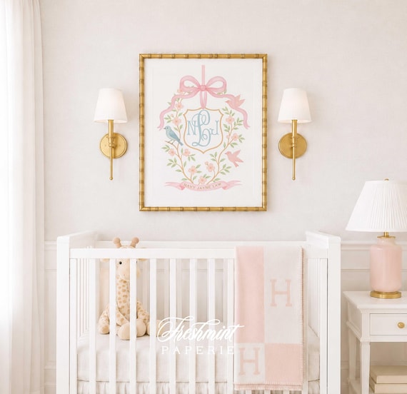 Watercolor Floral Monogram Nursery Print: Custom Name Wall Art