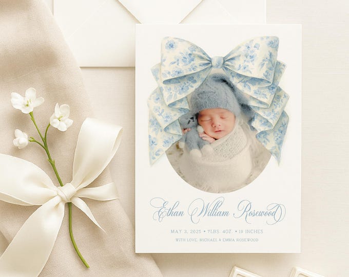 Watercolor Crest Boy Birth Announcement: Monogrammed Baby Card