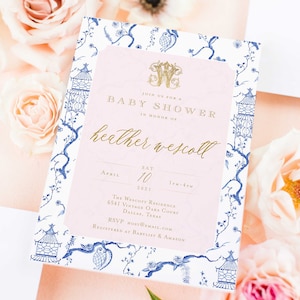 Chinoiserie invitation - Monogram invitation - Ginger Jar Invitation - Chinoiserie invitation - Baby Shower Invitation