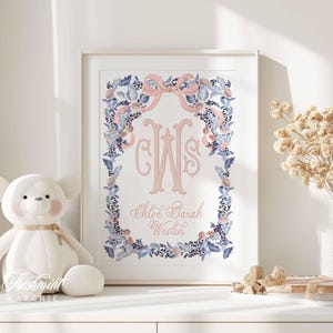 Nursery wall art, Monogram Nursery Wall Art, Nursery name print, Blue Floral Nursery Print, Custom nursery wall art, Pink Bow