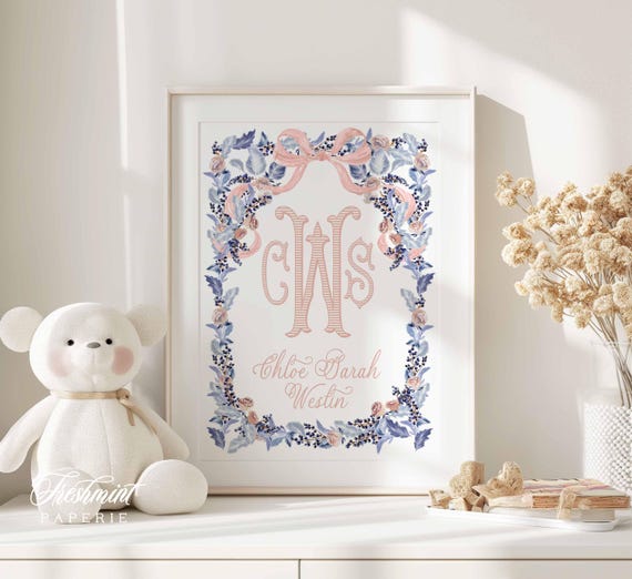 Nursery wall art, Monogram Nursery Wall Art, Nursery name print, Blue Floral Nursery Print, Custom nursery wall art, Pink Bow