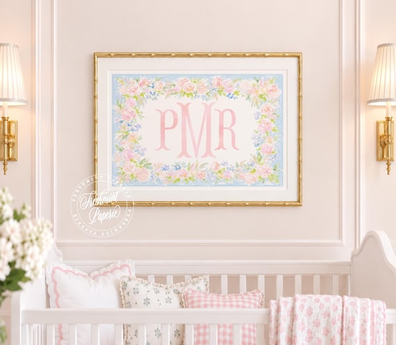 Watercolor monogram Floral  Wall Art, Nursery print