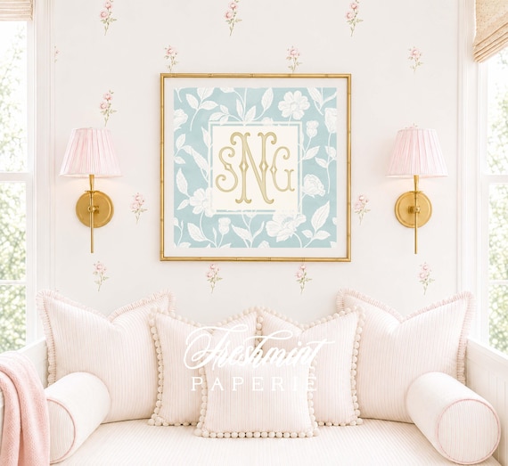 Monogram Wall Art, Chinoiserie, Botanical, Grandmillennial, Toile, Mint Watercolor