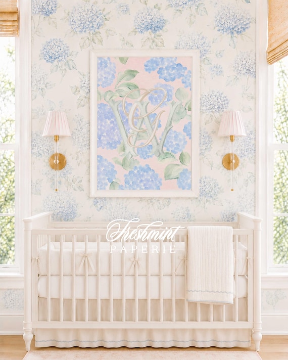 Watercolor Hydrangea Monogram Nursery Print, Custom Wall Art, Pink