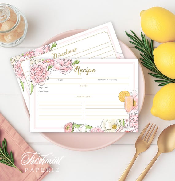 15 Recipe Cards ready to ship, Floral Mimosa Brunch design, INVENTORY SALE